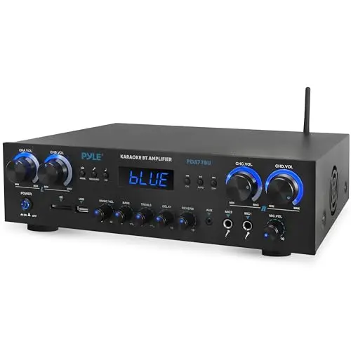 Pyle Amplificateur Bluetooth 4 Canaux 800W – Récepteur Audio HiFi pour Home Cinéma, Studio Musique, DJ & Enceintes Maison | USB, MP3, AUX, FM, Micro avec Réverbération, Écho, Contrôle Volume LED