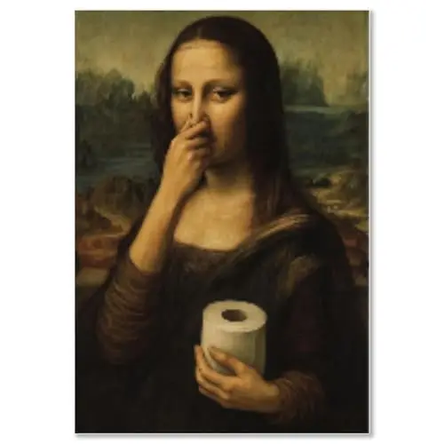 TILONKJ Poster Humour Salle de Bain & WC – Mona Lisa tenant du papier toilette et se bouchant le nez, Décoration Murale Drôle pour Toilettes, Art Mural Amusant sans Cadre, 40x30 cm (Adhésifs Inclus)