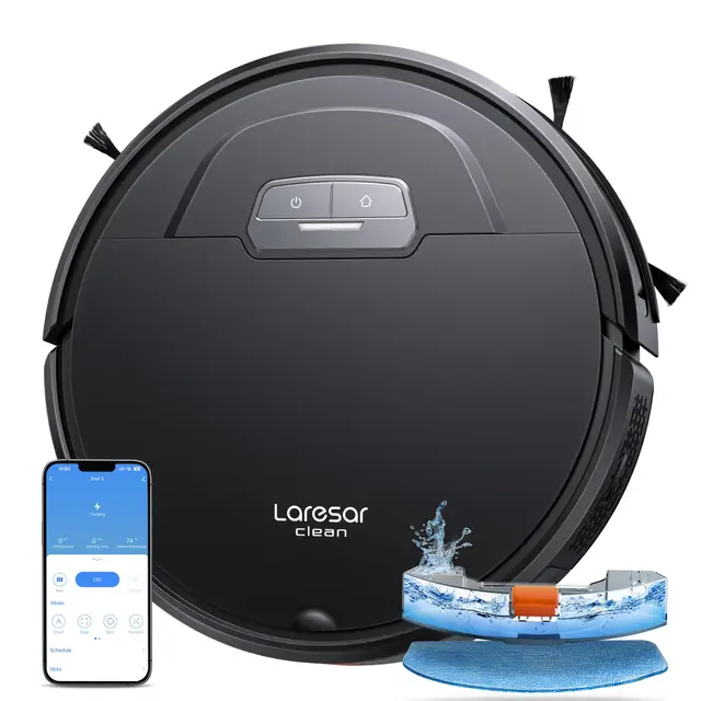 Laresar Clean Evol 3 Aspirateur Robot Laveur 4500Pa, Robot Aspirateur Ultra Silencieux & Ultra Fin de 7,6cm, Alexa/WiFi/APP/Télécommande,Idéal pour Tapis Sol Dur,Un Nettoyage en Profondeur et Efficace