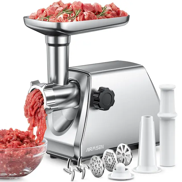 AIRMSEN Hachoir à Viande Électrique 3 en 1– Machine à Saucisses en Acier Inoxydable avec 3 Plaques, 2 Lames en Acier Inoxydable et Kit Kubbe – Rapide, Silencieux, Facile à Nettoyer pour Maison