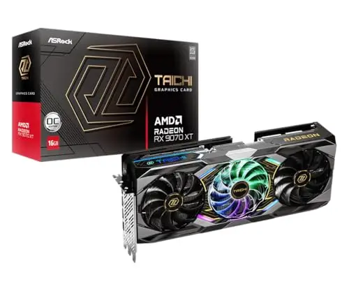 ASRock AMD Radeon RX 9070 XT Taichi 16 Go OC 3100 MHz 20 Gbps GPU GDDR6 256 Bits PCIe5.0 Dual BIOS 850 W RT+AI Accelerators 3X Système de Refroidissement HDMI2.1b DP2.1a Carte Graphique 12 V-2 x 6