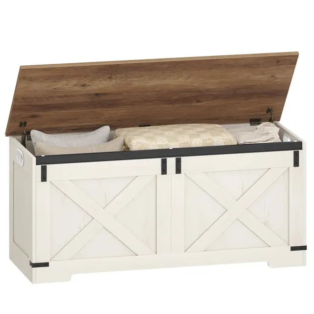 Hzuaneri Banc de Rangement 109 cm, Coffre de Rangement, Meuble pour Entrée avec 2 Charnières Stables, 40 x 109 x 48,5 cm, Banc à Chaussures pour Couloir, Chambre, Salon, Blanc Marron SB10914X
