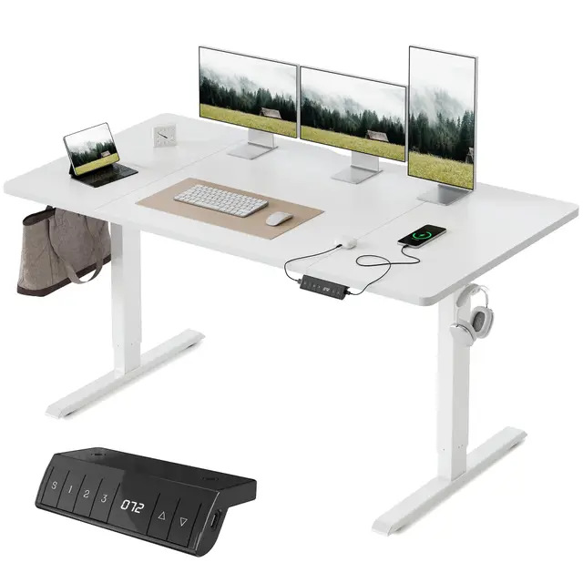 FEZIBO Bureau Assis Debout avec Ports de Charge USB-A et USB-C - 160 x 80 cm - Bureau électrique réglable en Hauteur - Standing Desk - Blanc