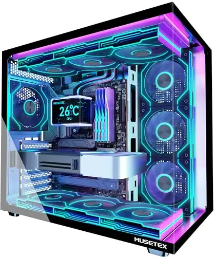 MUSETEX Y6 Boîtier PC, 7 Ventilateurs ARGB PWM Infinity Mirror préinstallés, Vue 270° en Verre Trempé, Connectique Type-C, Boîtier PC Gamer Mid-Tower ATX, Noir