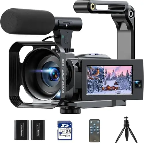 Caméra Vidéo Caméscope 5K WiFi Vlogging Youtube Caméra 56MP Double objectif 16X Zoom numérique IR Vision nocturne 3" 270° Écran tactile Caméra Vidéo avec 2 Piles, Carte 64 Go, Microphone, Télécommande
