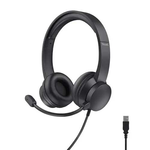 Trust Casque USB avec Micro Léger on Ear, Arceau Réglable, Microphone Flexible, Câble 1,8 m, Casque Audio PC Filaire pour Ordinateur Portable Bureau Teletravail Chat Zoom Teams - Noir