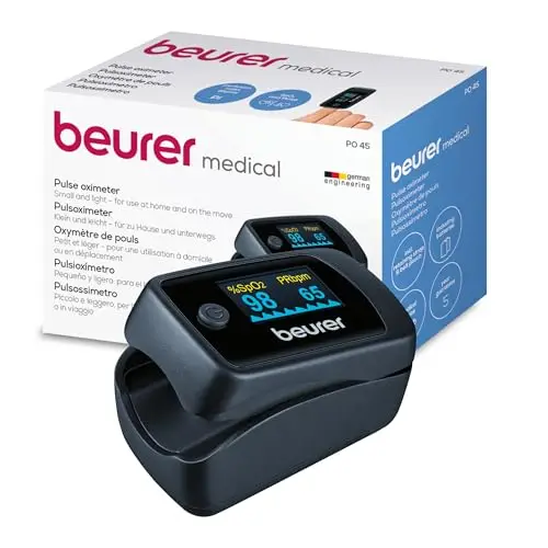 Beurer PO 45 Oxymètre de pouls, mesure de la saturation en oxygène (SpO₂), de la fréquence cardiaque (pouls) et de l'indice de perfusion (IP), écran couleur