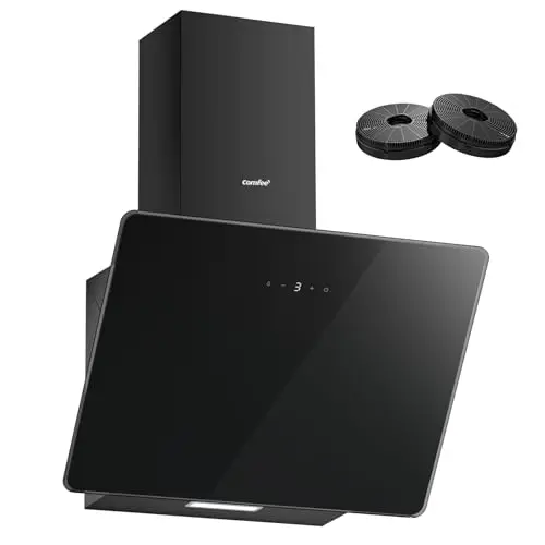 COMFEE' CH60J64ET4A2B-EU Hotte Aspirante Inclinée, 380 m³/h, Clase A++, 60 cm en Verre Trempé, 3 Niveaux de Vitesse, Écran Tactile LED, Recirculation Interne ou Évacuation, 60 cm, Noir