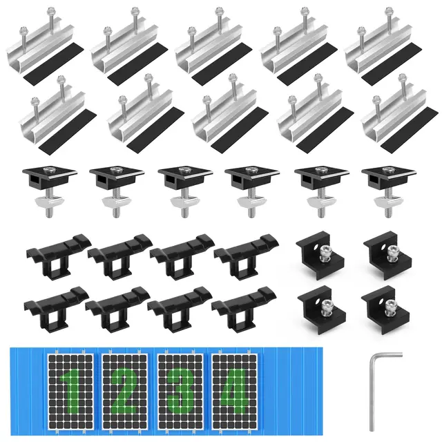 Kit Fixation Panneau Solaire pour 4 Module, Support Montage PV, Rail 12 CM, Clips de Drainage d'eau 30 MM, Pince Réglable pour Modules de 30 à 35 mm d'épaisseur-Pour toit plat,trapézoïdal