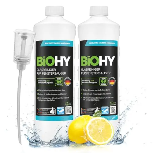 BiOHY Nettoyeur de vitres pour aspirateurs de vitres (2 x 1l Bouteille) + Distributeur | brillant éclatant sur toutes les surfaces | pour un nettoyage sans traces (Fenstersauger)