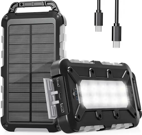 Batterie Externe Solaire 10000mAh, PD22.5W Chargeur Solaire Power Bank Portable USB C 3A Charge Rapide avec 3 Ports, Câbles et Lampe pour Smartphone, Tablette, Camping et Plus
