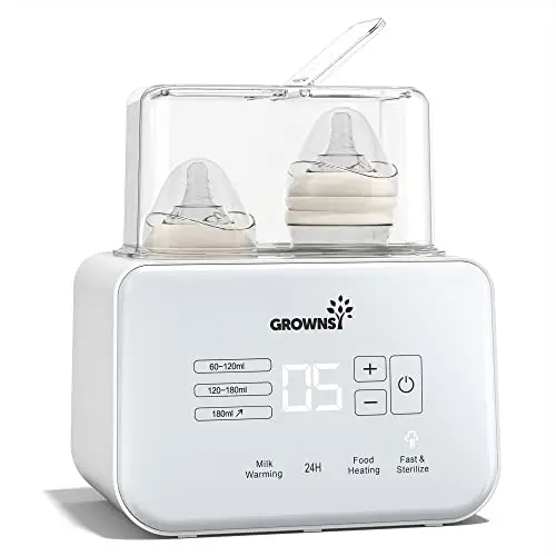 Grownsy Chauffe Biberon 9-En-1, Stérilisateur Biberons Chauffage Rapide et Décongélation, Minuteur, Contrôle Rapide de la Température, Sans BPA, Avec écran LCD Chauffe-biberon Double (Blanccrème)