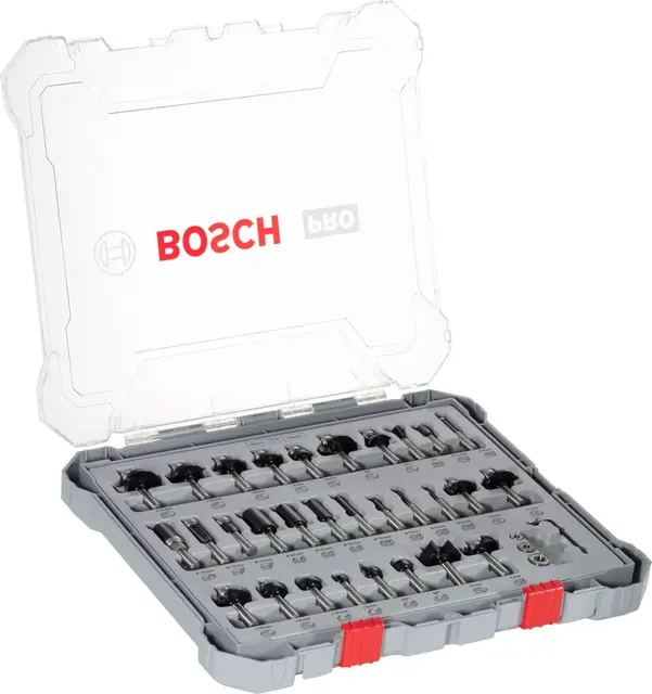 Bosch 30x Kits de fraises mixtes PRO, 30 pièces (pour Bois résineux, Bois dur, Ø 4-32 mm, Professional Accessoire Défonceuse manuelle, Fraise à araser)