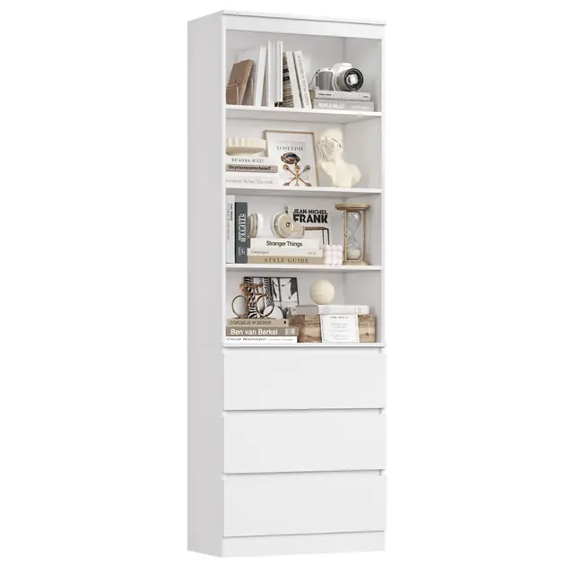 FirFurd 202cm Bibliotheque avec 3 Tiroirs Rangement Bibliothèque Meuble de Rangement, Armoire Haute Étagères Réglables pour Salon Bureau 202x60x35cm Blanc