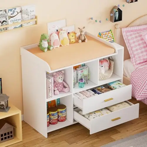 MSFE Table a Langer Bebe, 2 et 1 Commode a Langer Bebe avec Amovible Plan a Langer, Compacte Enfant Meuble Tables à Langer en Bois avec 2 Tiroirs et 3 Ouverts, 94.7x40x81.2cm, Blanc