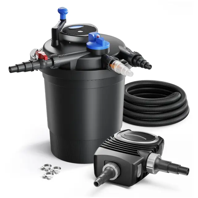 SunSun Kit complet: CPF-10000 Filtre de bassin à pression jusqu’à 10000 L avec 11 Watt lampe uv, NEO3800 SuperEco pompe 3600l/h 20W, 5m Tuyau 38 mm (1 1/2"), collier de serrage W1 44-47mm
