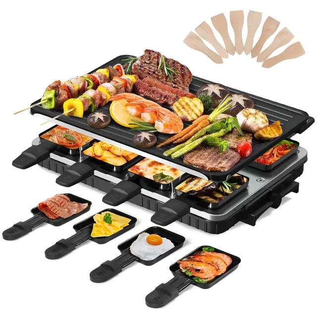 2-en-1 Appareil a Raclette 8 Personnes Machine a Raclette Anti-adhésif Plaque de Cuisson Bilatéral Appareil Raclette Surface de cuisson 44 x 30 cm 1300W