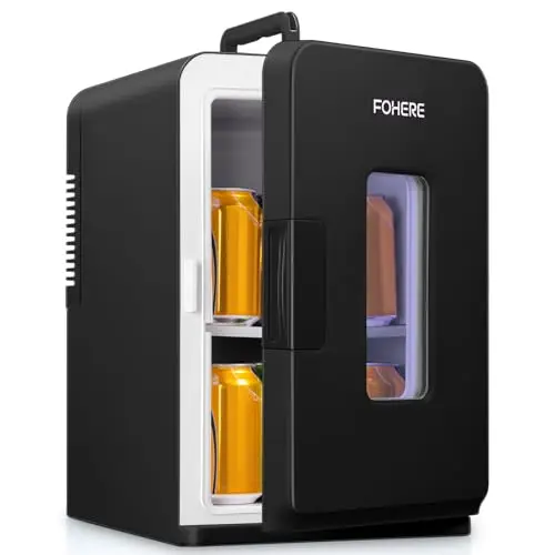 FOHERE Mini Frigo de Chambre 15L/21 Canettes, Petit Frigo Portable 240V/12V, Mode Silencieux, Fonction Chaud/Froid, Cosmetique Noir