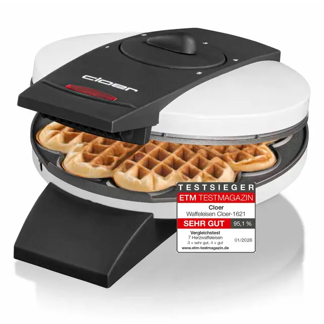 Cloer 1621 Gaufrier pour gaufres en forme de cœur, 930 W, taille de gaufre 15,5 cm, degré de brunissement infiniment variable, métal, blanc