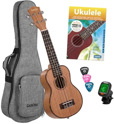 HH 2027 DE Premium Mahagoni Sopran Ukulélé Bundle avec cordes AQUILA, formation au ukulélé (+DVD), accordeur, sac rembourré et 3 médiators
