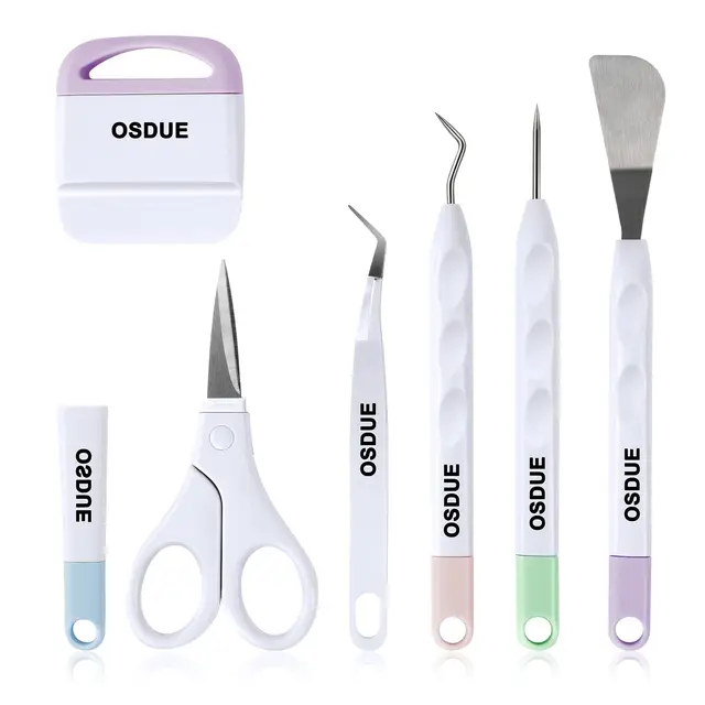 OSDUE Kit d'outils de Base, 6 Pièces Accessoires de Traceur Artisanat Carton Trousse d'outils de Démarrage Camées Lettrage Compris Crochets de Désherbage Pincettes Spatules