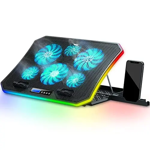 TopMate C12 Ventilateur PC Portable RGB de Jeu Bureau, Refroidisseur pour Ordinateur Portable 15,6-17,3", Support de Refroidissement avec 8 Hauteurs Réglables et 6 Ventilateurs- LumièreLED Glace Bleue