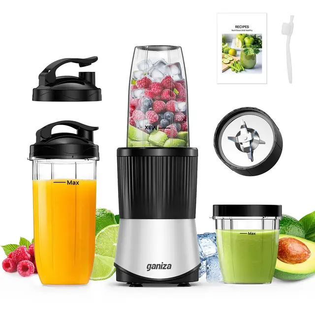 Ganiza Smoothie Maker 900W, Mini Blender avec 25000 tr/min, 3 Gourdes Tritan To-Go (300ml, 500ml & 700ml), 4 Lames Asymétriques, pour Tous Types de Shakes et Smoothies, Argent/Noir