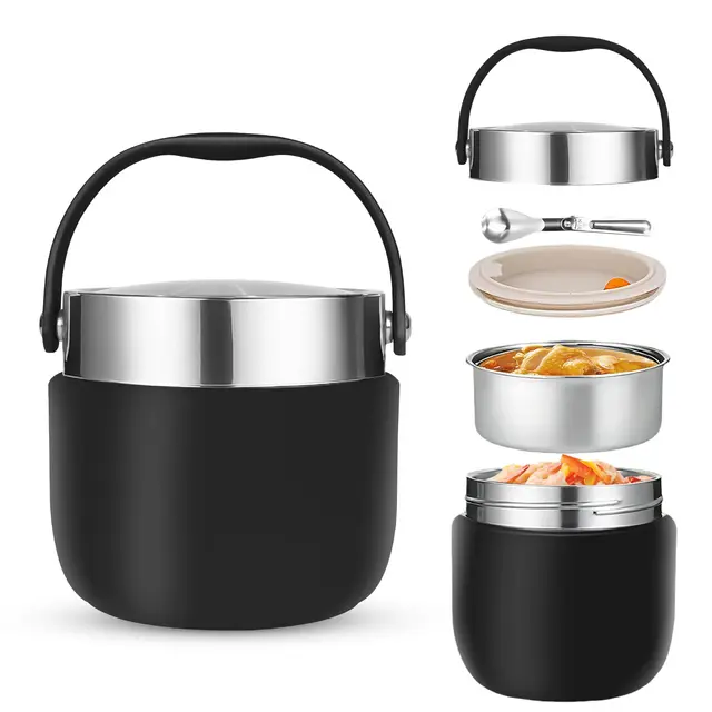 Thermo Isolant Contenant 1200ml avec Cuillère Pliante Boîtes Alimentaires Isothermes pour Conserver le Porridge,la Soupe, les Fruits, les Yaourts et les Déjeuners Noir