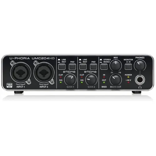 Behringer UMC204Hd Interface Audio/Midi Numérique USB 2 Entrées et 4 Sorties Audiophile, 24-Bit/192 Khz avec Préamplis Micro Conçu par Midas Noir