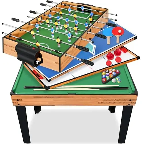 SereneLife Table Multi-Jeux 2-en-1/4-en-1/5-en-1 – Baby-Foot, Air Hockey, Ping-Pong, Billard, Shuffleboard – Table de Jeux d’Arcade Familiale, Accessoires Inclus (sur Pied)