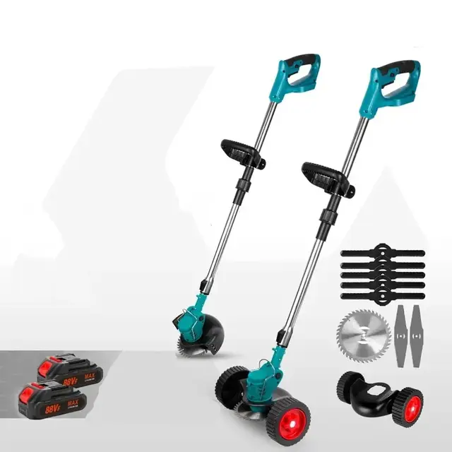 Akku-Rasentrimmer mit 2 Batterie,Freischneider, Motorsense, mit Akku und Ladegerät, Teleskop-Stiel & Zusatzhandgriff,Mit Rädern schiebbar