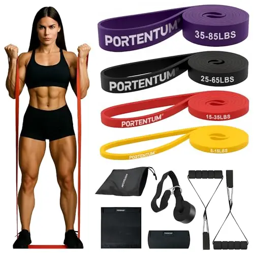 PORTENTUM Bande Elastique Musculation – Set de Bande de Resistance 4 ou 5 Niveaux intensité – Poignées, ancrage Porte, Housses et Sac – Sport Maison Hommes et Femmes – Fitness Crossfit Yoga Pilates