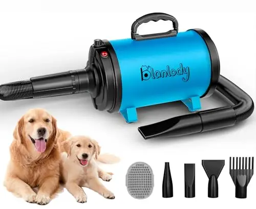 Pulseur pour Chien Blower - Très Silencieux - 4,5 CV / 3200 W - Moteur réglable - Souffleur de Soins pour Chien avec 4 Buses différentes - Tuyau élastique et Brosse d'entretien
