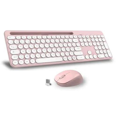LeadsaiL Ensembles Clavier et Souris, Ensemble De Clavier Souris Ergonomique Pleine Taille, 2,4 GHz avec Récepteur USB pour PC, Portable, Windows, Mac AZERTY Français-Rose