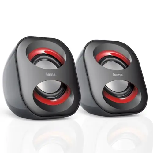 Hama Sonic Mobil 183 Enceintes pour Ordinateur - Système Stéréo 2.0, Haut-Parleurs Alimentés en USB, Connexion Jack 3.5mm - Noir/Rouge