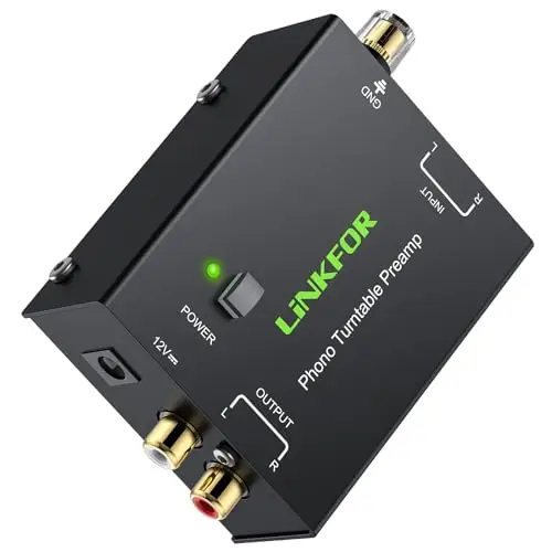 LiNKFOR Préamplificateur Phono avec Interrupteur Version Améliorée Ultra-Faible Bruit Boîtier Métallique Alimentation Certifiée 12V Incluse Entrée/Sortie RCA pour Platine Vinyle Tourne-Disque