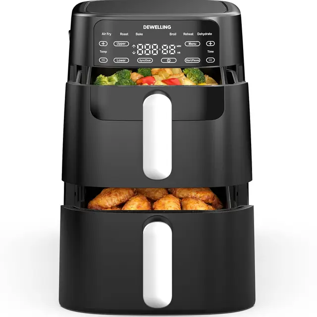 Air Fryer 10L Double Stack – 2700W Friteuse Sans Huile XXL, 2 tiroirs, Friteuse à Air Verticale Double Chambre, 6-en-1, Max 230°C, Sans PFAS, Gain de 50% d’Espace, Livre de Recettes