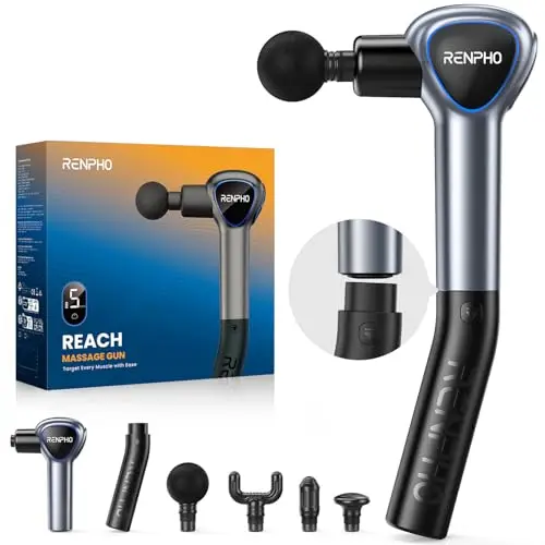 Pistolet de Massage Musculaire avec Poignée Amovible, RENPHO Reach Massage Gun, 5 vitesses, 4 Têtes de Massage, 2 en 1 Masseur de Tissus Profonds à Main