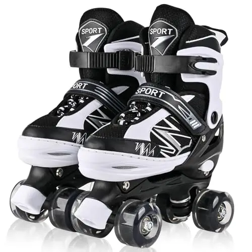 Patins à roulettes pour Enfants garçons et Filles, 4 Tailles réglables pour Enfants et Adolescents avec Roues Lumineuses, Violet et Blanc à roulettes Quad pour Le Sport