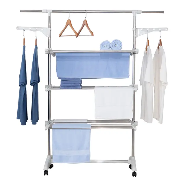 Séchoir, Sèche-linge, Étendoir, Tour à linge | 23m de corde à linge, pliable, réglable en hauteur, mobile | avec tige télescopique et aile latérale | pour l'intérieur et l'extérieur (3 niveaux)