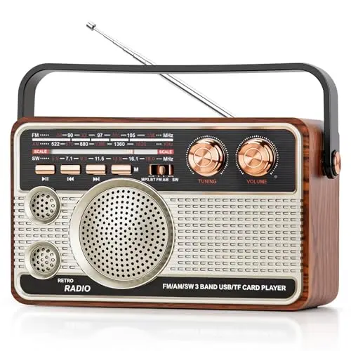 Radio Rétro Vintage, Multibande (FM/AM/OC) Avec Batterie Rechargeable, Bluetooth, Lecteur de Carte TF, Poignée de Transport, Autonomie 8-12h – Pour Maison, Bureau, Extérieur, Idéal Comme Décoration Et