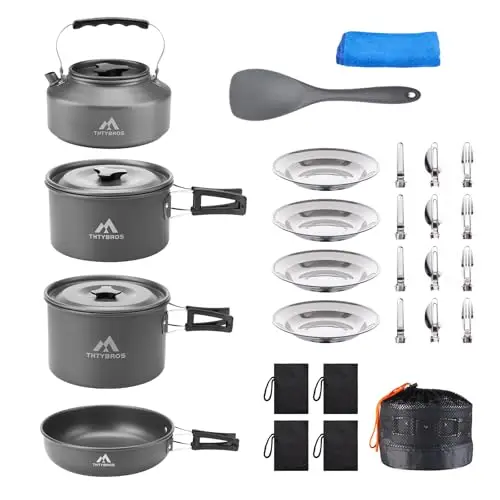 THTYBROS – Kit de Cuisine Camping 27 pièces Portable pour 2-4 Personnes, avec Bouilloire, casseroles Anti-adhésives et Accessoires INOX