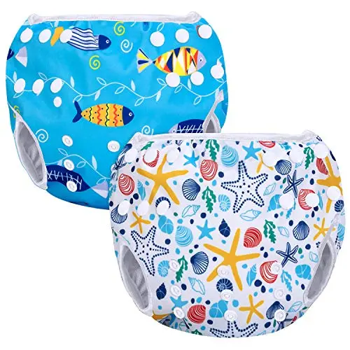 Luxja Couches de Bain, Bébé Maillot de Bain 2PCS, Lavable, Réutilisable, Ajustable, Pour les enfants de 0-3 Ans, Coquillage + Poisson Bleu