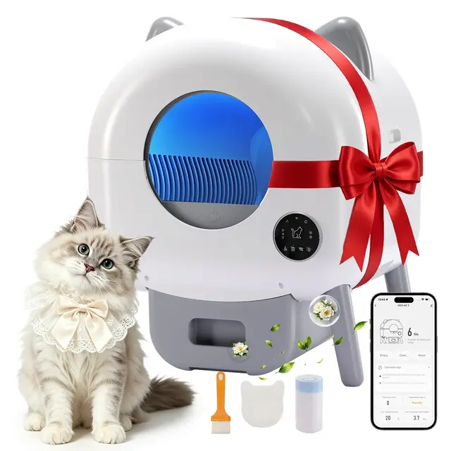 GTPLAYER Litiere Chat Autonettoyante 66L, Litière Automatique avec Contrôle APP, Anti‑Pincement, Éclairage LED 6 Couleurs, Bac Litiere pour Chat Inclus Tapis & Déodorant, pour Plusieurs Chats, Blanc