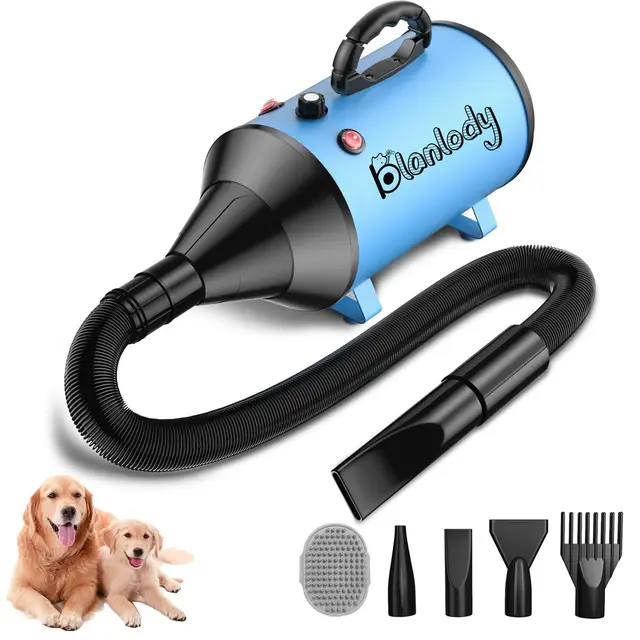Sèche-Cheveux pour Chien Blower - Très Silencieux - 5,2 CV / 3800 W - Moteur réglable - Souffleur de Soins pour Chien avec 4 Buses différentes - Tuyau élastique et Brosse d'entretien