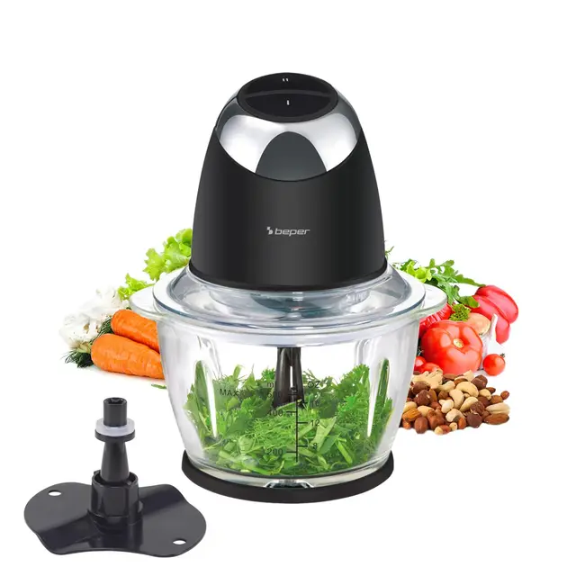 BEPER P102ROB003 Hachoir électrique avec récipient en verre de 500 ml, lames en acier inoxydable, 2 vitesses, accessoire pour émulsionner et fouetter la crème, compact, sûr et facile à nettoyer