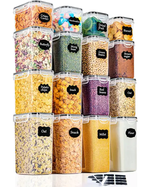 GoMaihe Boite de Rangement Cuisine Lot de 16, Bocaux Hermetiques Alimentaires en Plastique Scellée avec Couvercle, Pour Stocker les Cereales, Pâtes, Farine, Nourriture pour Animaux de Compagnie