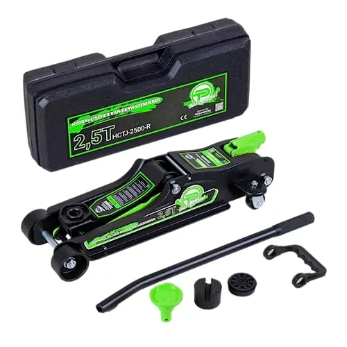 Cric hydraulique 2,5 tonnes - Modèle Plat 80 mm - 360 mm - Profil Bas avec Coffret, Adaptateur SUV, 2 Patins en Caoutchouc - Cric hydraulique pour Voiture - roulettes à 360 ° - Vert