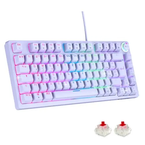 EMPIRE GAMING K248 – Mechanische Gaming-Tastatur DE (QWERTZ), Kabelgebunden, MX Red, Multimedia-Rad, USB-C, RGB-Hintergrundbeleuchtung, 82 Tasten, Anti-Ghosting, PC/PS4/PS5/Xbox (Blanc)