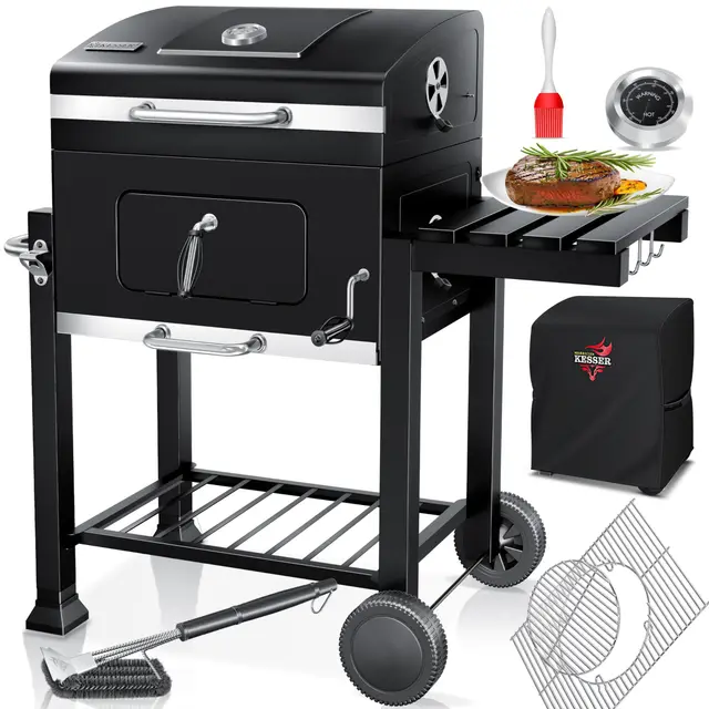 KESSER® Grill Chariot XL Barbecue au charbon de bois avec couvercle, roues, poignée en acier inoxydable, grille, brosse, housse et thermomètre Barbecue au charbon de bois Chariot grand charbon